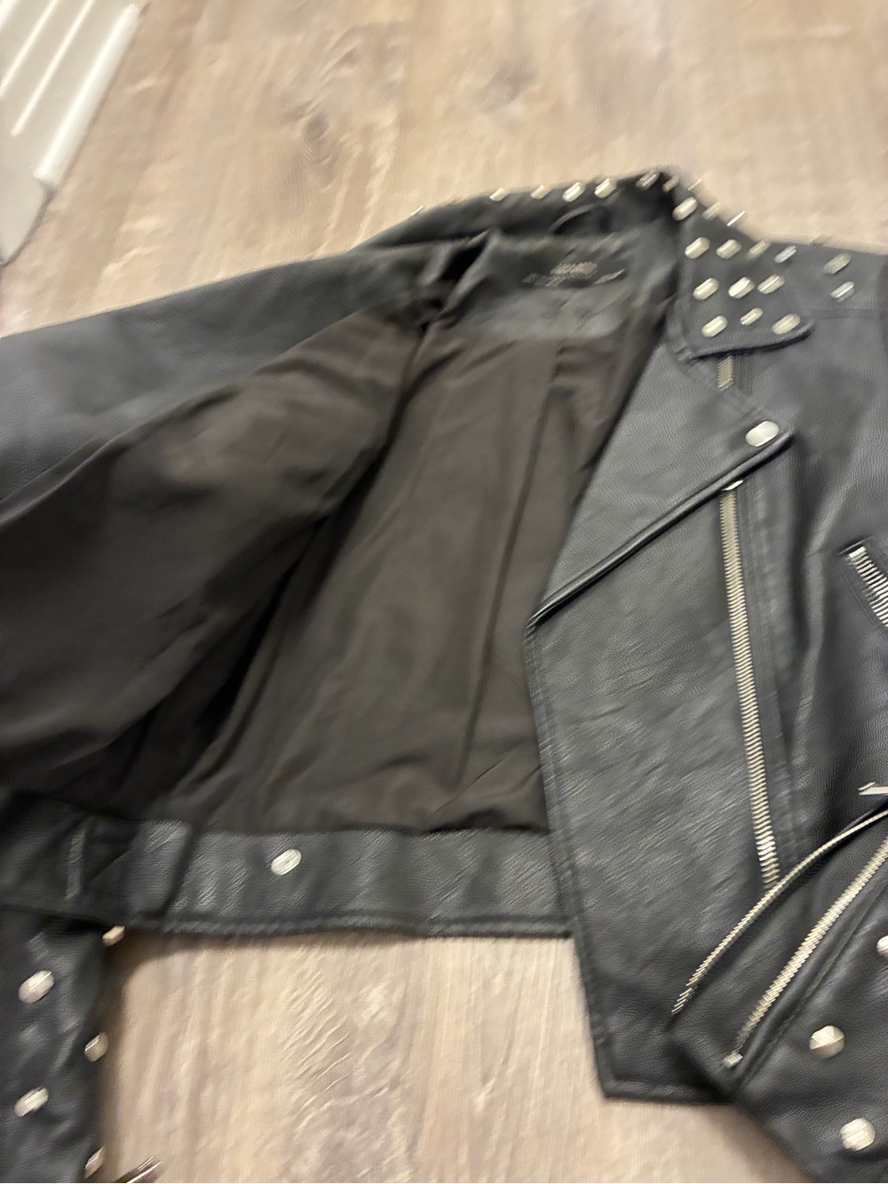 ZARA Studded Faux leather biker black jacket with skull decal women’s Medium - Picture 12 of 16